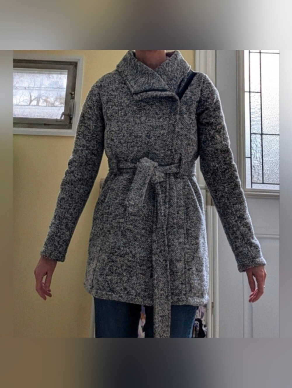 Steve Madden Grey And White Belted Coat With A Zip Up Closure